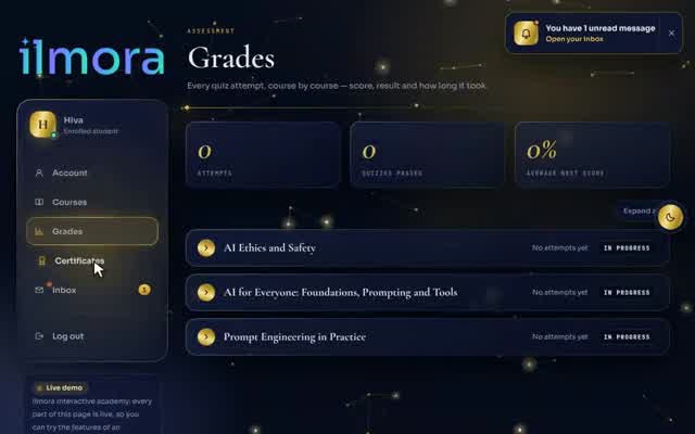 Quiz with a score and report card in the AI and Automation online academy demo