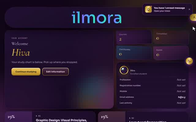Quiz with a score and report card in the Graphic and Design online academy demo