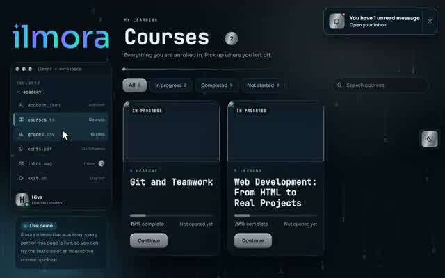 Interactive lesson in the programming course website design demo: Step-by-step lessons