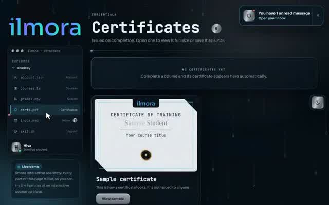 Quiz with a score and report card in the Programming and Software online academy demo